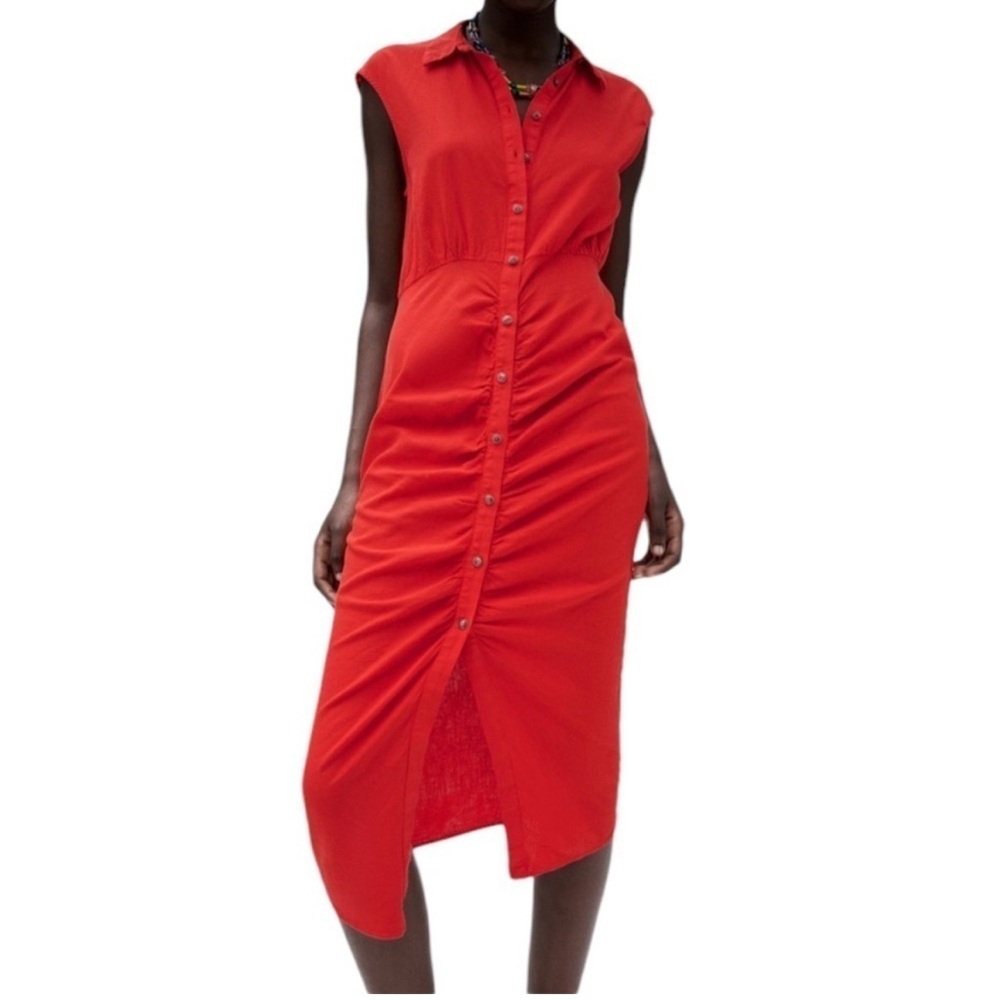 Zara red button down linen dress